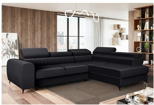 MEBLINI Schlafcouch mit Bettkasten - Ecksofa mit Schlaffunktion - Sofa mit Relaxfunktion und Kopfstützen - Couch L-Form - Eckcouch - Wohnlandschaft - Porto - 269x204x72cm Rechts - Schwarz Samt