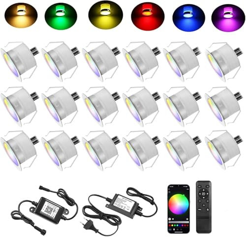 20er WIFI RGB LED Bodeneinbauleuchten terrassenbeleuchtung Arbeitet mit Alexa, Google Home,DC12V Ø31mm IP67 Wasserdicht LED Einbaustrahler Terrassen Full Kit