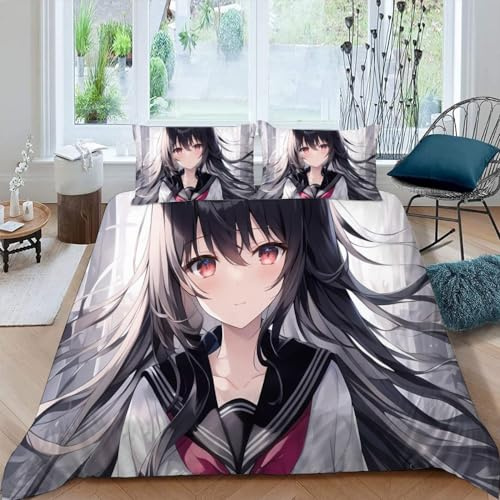Bettwäsche 135x200 Winter Anime Mädchen Bettwäsche-Sets 3 Teilig 3d Japanische Manga-Kawaii Bettbezug Weich Mikrofaser Bettbezüge mit Reißverschluss und Kissenbezug 80x80cm für Erwachsene Kinder