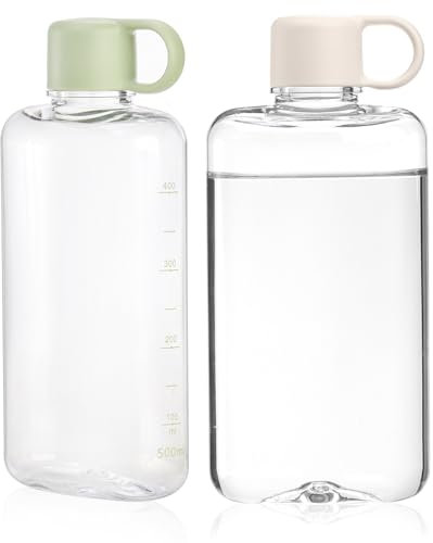 ZEAYEA 2 Pack Portable Flat Water Bottle, 17 oz BPA Free Slim Drinking Bottle, Plastic Travel Water Bottle for Outdoor Sports, Camping, Fitness, Fits Purse Bag Pocket