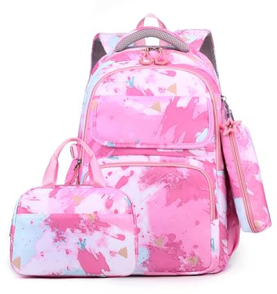 Amythe Schulrucksack Mädchen 3 Teilig, Rucksack Schule Teenager, Grundschule Mittelschule Schultaschen-Set Lunchtasche Federmäppchen, Kinderrucksack Schulranzen für 3-9 Klasse, Rosa