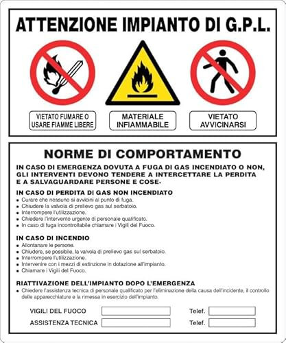 GLOBAL CARTELLO SEGNALETICO - IMPIANTO GPL - NORME DI COMPORTAMENTO - Adesivo Extra Resistente, Pannello in Forex, Pannello In Alluminio (30x42 cm, Alluminio)