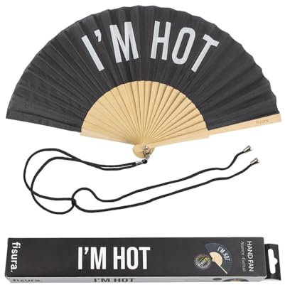 Fisura - Original Handheld Folding Fan with message in english. Funny wooden fan. Original holding Hand Fans. Birthday Gifts Wedding Party Decoration (Hot, black) (I'm hot, black)