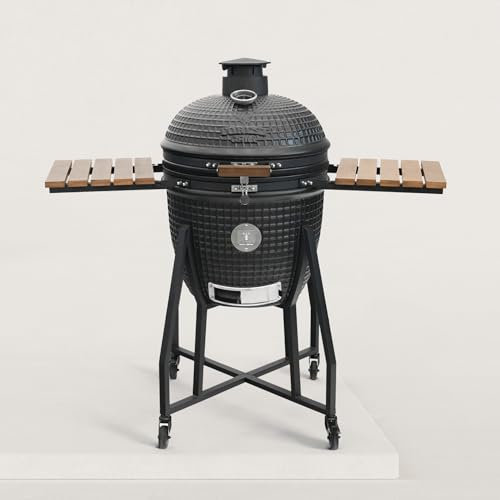 Forest-Grill KAMADO XL 22 8-12 persone, barbecue giapponese a carbone con carrello, vassoi, pietra per pizza inclusa, coperchio in ceramica