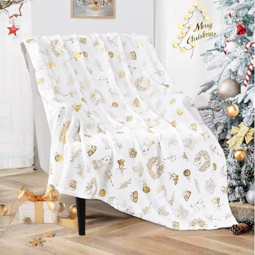 Likiyol Weihnachtsdecke, goldfarben, Weihnachtsdecken und Überwürfe, weich, warm, Flanell, Weihnachtsdecke für Couch, Bett, Sofa, 127 x 152 cm, Gold