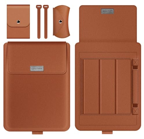 GANGANPRO Laptop Sleeve 13-14 Case with Stand Compatible with Microsoft Surface Laptop 5/4/3/2 13.5, MacBook Air/Pro 13.3, PU Leather Sleeve for 15-16 Laptop Computers - Brown