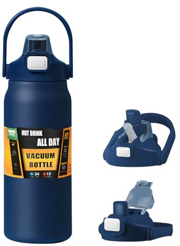 Borraccia termica con cannuccia e manico, in acciaio inox, a doppia parete, con isolamento sottovuoto, mantiene il freddo e la borsa dell'acqua calda per sport, palestra, arrampicata (blu navy)