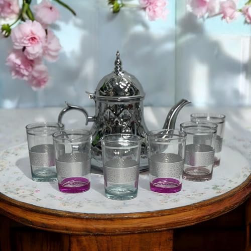 Set de 1 tetera 48oz y 6 vasos elegantes para té marroqui de 150ml, tazas de té persa árabe para servir café, café expreso (plata)