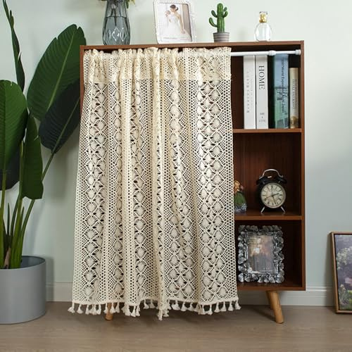 Whoiy Vorhänge Kurz Küche Spitze 1 Stück, Scheibengardine Makramee Modern Durchsichtig Stores Gardinen Boho mit Quaste Fenstergardinen Beige Rod Tasche Wohnzimmer Landhaus 120x100cm