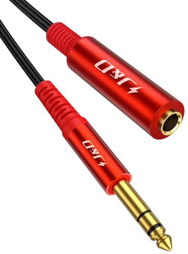 J&D 1/4 Inch Extension Cable, 6.35 mm Stereo Male to Female, Gold Plated Connectors, Durable PVC and Copper, Professional Audio Extender for Headphones, Guitars, Home Theater, Red, 1.83 m