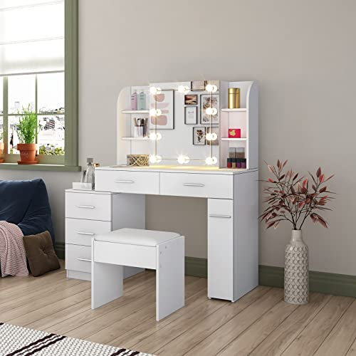 Ikewaier Schminktisch mit Beleuchtung und Hocker, Schminktisch mit Schubladen, Stuhl, Großem Spiegel, 3 Lichtfarben Verstellbar, Dressing Table mit 6 Offenen Fächern Kommode, Weiß