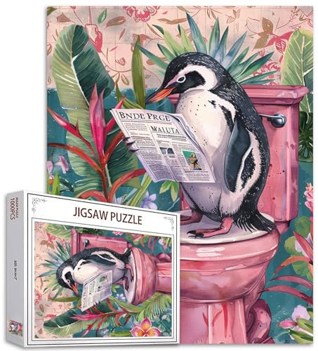 Tucocoo Cute Penguin on Toilet Jigsaw Puzzles for Adults 1000 Piece, Funny Animals Newspapers Art DIY Crafts Puzzles for Home Decoration Gifts, Family Challenging Puzzle Perfect for Game Nights