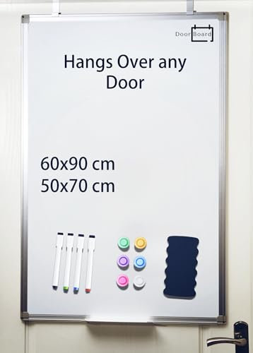 DoorBoard No-Drill Magnetic Whiteboard for Over-Door and Wall-Mount, 60X90 CM Portable White Board with Aluminium Frame | Includes Marker Pens, Magnets and Eraser