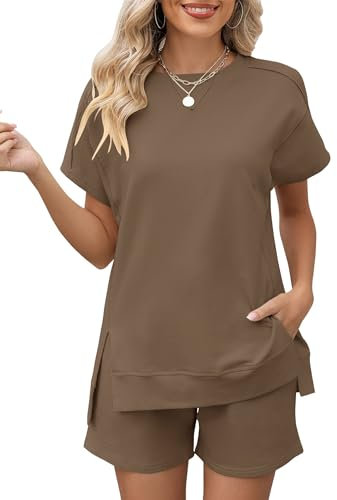 Rapbin Zweiteiler Damen Rundhalsausschnitt Einfarbig Kurz Baumwolle Loungewear Outfit Jogger Trainingsanzug Set Khaki