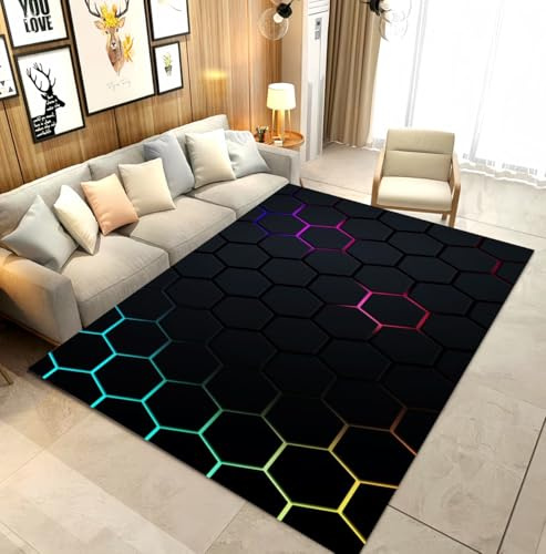 LOMDEM Neon Geometrischer Punk Gaming Teppich für Jugendzimmer - Flanellteppich mit Hexagon-Design, ideal für Jungen Teenager Schlafzimmer, Gaming Zimmer & Gamer Setup, 120x160 cm, Multi 2