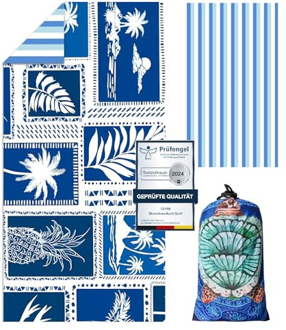 Giyim Strandtuch XXL - 200 x 90 cm Mikrofaser Handtuch mit Tasche, Saugfähig und Schnell Trocknende Strandhandtuch, Weiches & Leichtes Beach Towel für Strand, Schwimmen (Blau Kariert)