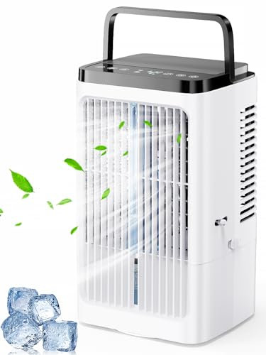 Tragbare Klimaanlage, 1500 ml, persönlicher Ventilator mit 4 Windgeschwindigkeiten, Wassertank, 7 Lichtfarben, 2 Sprühfunktion, 1-8 Stunden Timer (weiß)