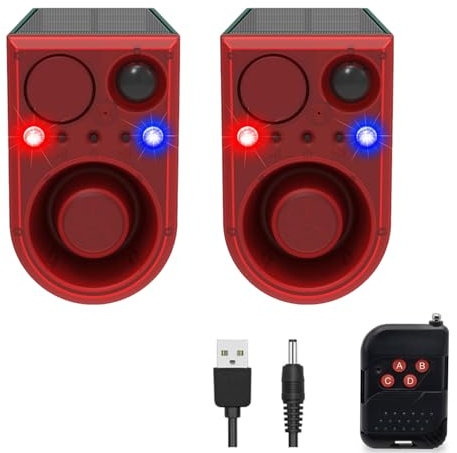 Outdoor Solar Motion Sensor Siren, DINOWIN Built-in 13 Alarm Tones LED, Red and Blue, Flashing Alarm, Security Strobe Light and 129db Alarm Sound Recording Farm Orchard Barn (2 Pack)