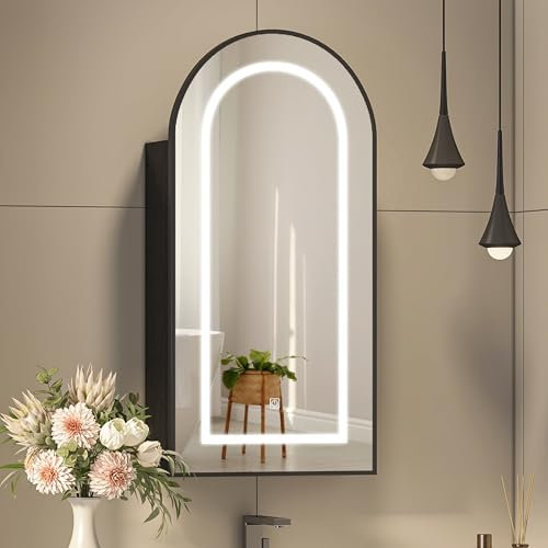 Mepplzian Bathroom Mirror Cabinet with Led Lights,Led Mirrored Cabinet Wall Mounted with Shaver Socket,Arched Bathroom Cabinets with Mirror,Black Recessed Medicine Cabinets with 2 Glass Shelves,40x80