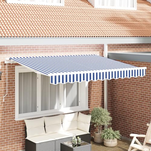 Qnhdfrt Tessuto di ricambio per tende da sole, blu, bianco, a righe, 350 x 200 cm, rettangolare, in poliestere, impermeabile e resistente ai raggi UV, per balcone, terrazza, giardino, protezione