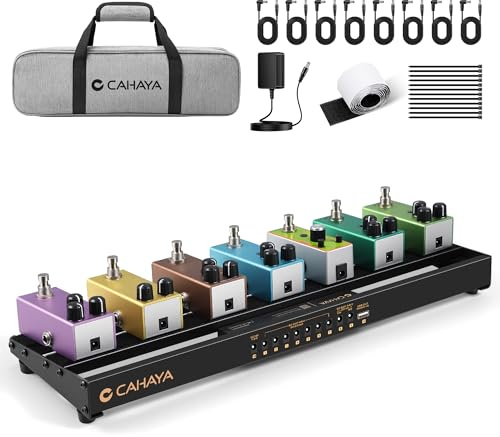 CAHAYA Guitar Pedal Board with Power Supply Pedalboard Portable 49x13cm | Lightweight aluminum board, 10° tilt, 90kg load. Complete setup with cables, tape and loaded bag for home or studio use.