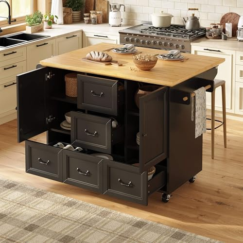 Lahoomu Kücheninsel, Schrank, Sideboard, Ausziehbarer Küchenwagen auf Rollen mit Handtuchhalter und Gewürzregal, verstellbare Einlegeböden, Schwarz