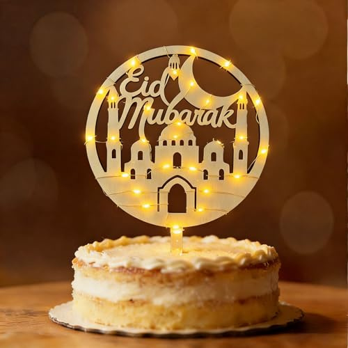 Eid Mubarak Tortendeko, Seutgjie Eid Deko Holz mit LED Lichterkette Halal Kuchen Deko Islam Zuckerfest Bayram Ramadan Dekoration