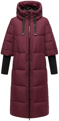 Navahoo Damen langer Wintermantel warmer Steppmantel mit Kapuze und Rippstrickärmeln Ciao Miau XIV XS-3XL