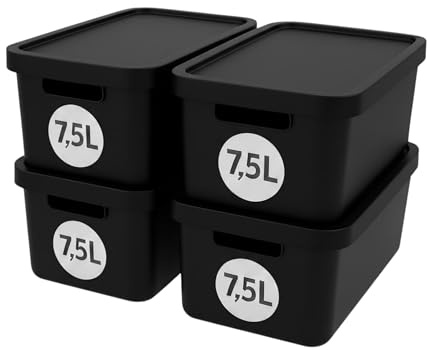 Plastard Aufbewahrungsbox mit Deckel 4er-Set 7,5 Liter in Schwarz | BPA-Freie Ordnungsbox für Küche, Bad, Büro, Kinderzimmer, Robuste Stapelbare Kunststoffbox, 32 x 22 x 15 cm, Ordnungskiste