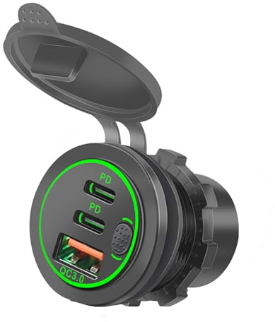 54W Auto Ladeadapter | 12V/24V Einbau USB C Steckdose mit 2×USB-C PD & USB-A QC3.0 | Kfz Stromsteckdose mit EIN/Aus-Schalter | Grüne LED | Abnehmbare Schutzkappe für Auto, Motorrad, Wohnmobil