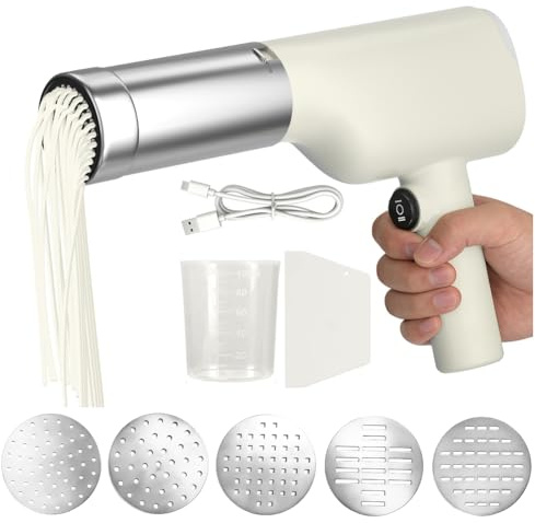 Nudelmaschine Elektrische, Wiederaufladbare Pasta Maker mit 5 Pressformen, Automatische Handheld Noodle Maker, Tragbare Elektrische Nudelmaschine für Familie, Reisen, Picknick