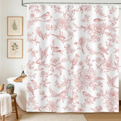 hometrixx Rideau de Douche Vintage Fleurs Oiseaux Rose Blanc 180x200cm | Imperméable Polyester, Infroissable, Séchage rapide, Rideaux de Douche pour Salle de Bain, Lavable en Machine 12 Crochets