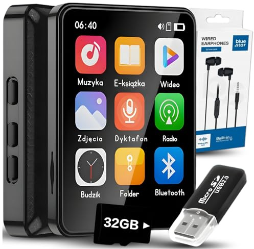 MP3 Player, MP4, 32GB, Bluetooth, Speaker, Radio, Voice Recorder, E-books, Movies, Alarm Clock, Wireless, Rugged Battery, Polish Menu, USB-C Cable, Headphones