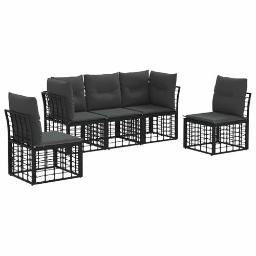 vidaXL Outdoor-Sofagarnitur Schwarz Polyester, Bequemes Outdoor-Sofa-Set, modernes Rattan-Gartenmöbel, modulares Design, wetterfeste Kissen für den Patio