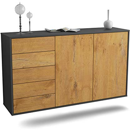Dekati Sideboard Peoria hängend (136x77x35cm) Korpus anthrazit matt - Front Holz-Design Eiche - Push to Open - Leichtlaufschienen