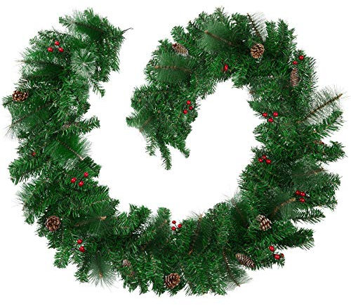 tectake 403316 Weihnachtsgirlande mit Beeren und Tannenzapfen, detailliert und naturgetreu, Schlaufe zum Aufhängen, 270 cm, grün