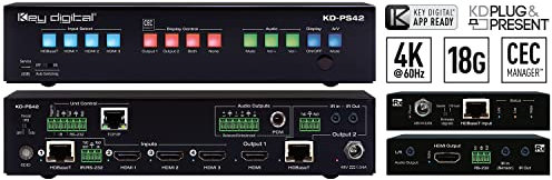Key Digital 4K 18G Präsentationsschalter mit 4 Eingängen, 2 verspiegelten HDMI HDBaseT-Ausgängen - KD-PS42