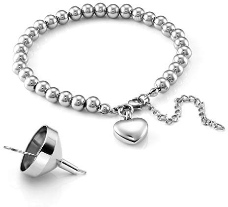 PiercingJak Personalized Custom Cremation Urns Bracelet for Ashes Stainless Steel 6mm Bead Ball Chain Love Heart Charm Memorial Bracelet Cremation Jewelry for Women Gift