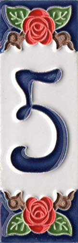 Números de casa, azulejos de cerámica italiana con números y letras, diseño de rosas, tamaño del azulejo: 10 cm x 3,5 cm, 3 a 6 marcos de azulejos (número 5)