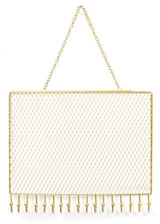 Hanging Jewelry Organizer,Metal Wall Mounted Earring Display Hanger with Hooks,Gold Mesh Necklaces Bracelets Holder Closet Storage Rack for Girl Women 18 * 28cm