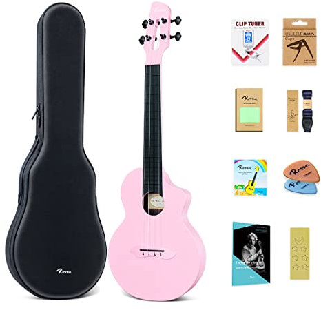 Rosen Konzert-Ukulele aus Karbonfaser, für Erwachsene und Kinder, Anfänger, 66 cm, Reise-Ukulele, mit allem Ukulelen-Starterzubehör (Pink)