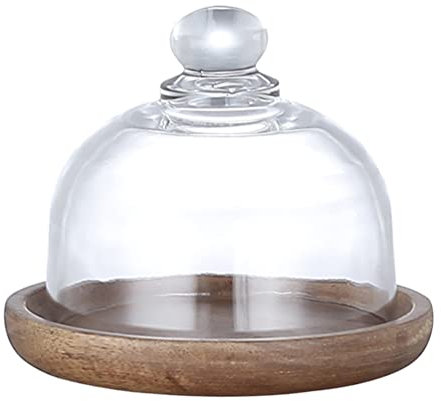 Luxshiny Kuchen Glocke mit Holz Kuchenständer Transparent Mini Glasglocke Käseglocke Käse Torten Kuchen Glashaube Tortenglocke Lebensmittel Haube Abdeckung Kuchen Abdeckhaube für Speise Eseen Cover