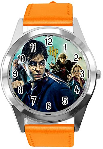 Orange Leder Runde Quarzuhr für Wizards Fans E3