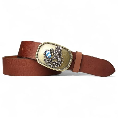 FRONHOFER Trachtengürtel Herren Echtleder 4 cm breit mit Bayern Wappen Emaille bicolor Gürtelschnalle 7,5 cm x 5,5 cm Druckknopf wechselbar Made in Germany für Lederhose