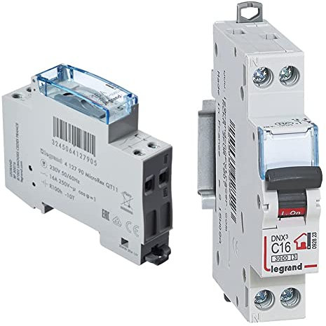 Legrand 412790 Interrupteur de Temps programmable, Cadran Vertical, réserve de Travail de 100h, 230 V, 50/60 Hz & 092823 Disjoncteur Phase + Neutre avec Bornes à Vis, 16A, 1 Module, Gris