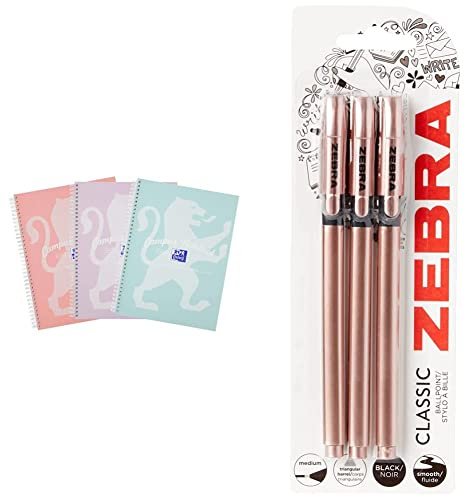 Oxford Campus Pastel A5 Wirebound Notebook, Pack of 3 & Zebra Classic Rose Gold Ballpoint Pens, Black Ink, Pack of 3