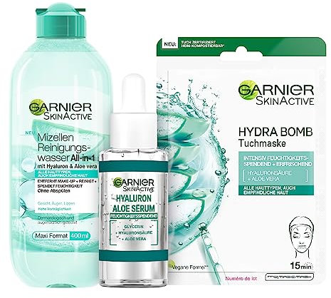 Garnier Pflegeset für das Gesicht, Mit Mizellen Reinigungswasser, Hyaluron Aloe Serum und Aloe Vera Tuchmaske, Für einen strahlenden Teint, Skin Active, Hydra Bomb, 3-teilig