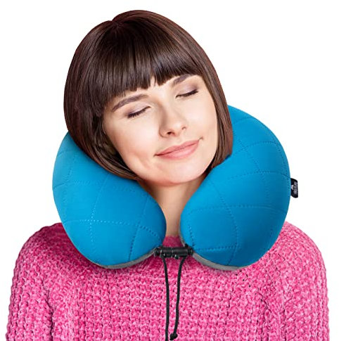 HIKENTURE Nackenkissen aufblasbar -[Mit Abnehmbarem&Waschbarem Bezug]- Reisekissen Nackenkissen Flugzeug, Auto, Zug - Nackenhörnchen Stützkissen für Nacken - Aufblasbare Nackenkissen Reise Klein-Blue