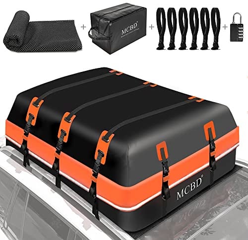 Dachbox, 594L Kubikfuß Wasserdicht Dachgepäck, Tragbar Dachboxen Auto Dachgepäckträger passend für alle Fahrzeuge, SUV mit/ohne Schienen, inkl 10 verstärkte Riemen + 6 geeignete Türhaken, Orange
