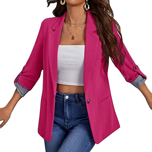 Blazer Elegant para Mujer Chaqueta de Traje Blazer Largo de Manga Larga Top Moda de Negocios Cárdigan con Bolsillos(L-Rosa roja)